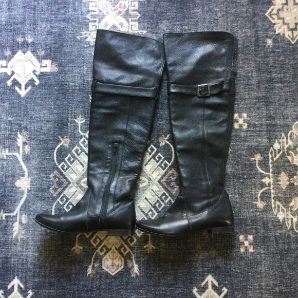 Over The Knee Black Genuine Leather Boots - Picture 1 of 4